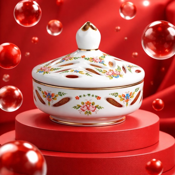 Large Czech Bohemian Cranberry to White Cased Glass Lidded Candy Dish LOT 4352